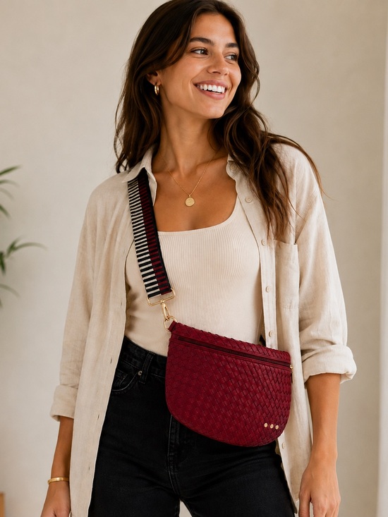 Pretty Simple Handbags - Pretty Simple Westlyn Woven Bum Bag Vegan Leather Sangria Adjust High Quality